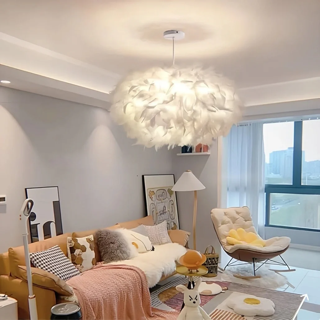 Lámpara Colgante Plumas Blanca Nórdica Forma Nube LED para Dormitorio