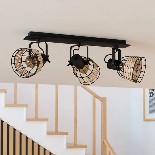 Foco de techo Anwick 1, decoración ratán, 3 luces