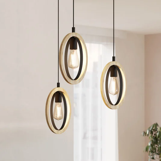 Colgante Basildon, detalles madera 3 luces redondo