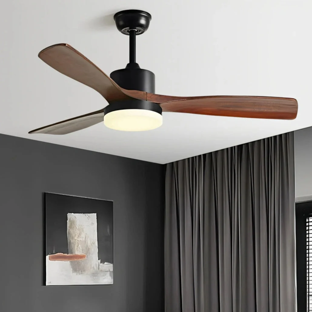 Ventilador de techo con luz LED acabado madera 3 aspas 6 velocidades modo verano/invierno