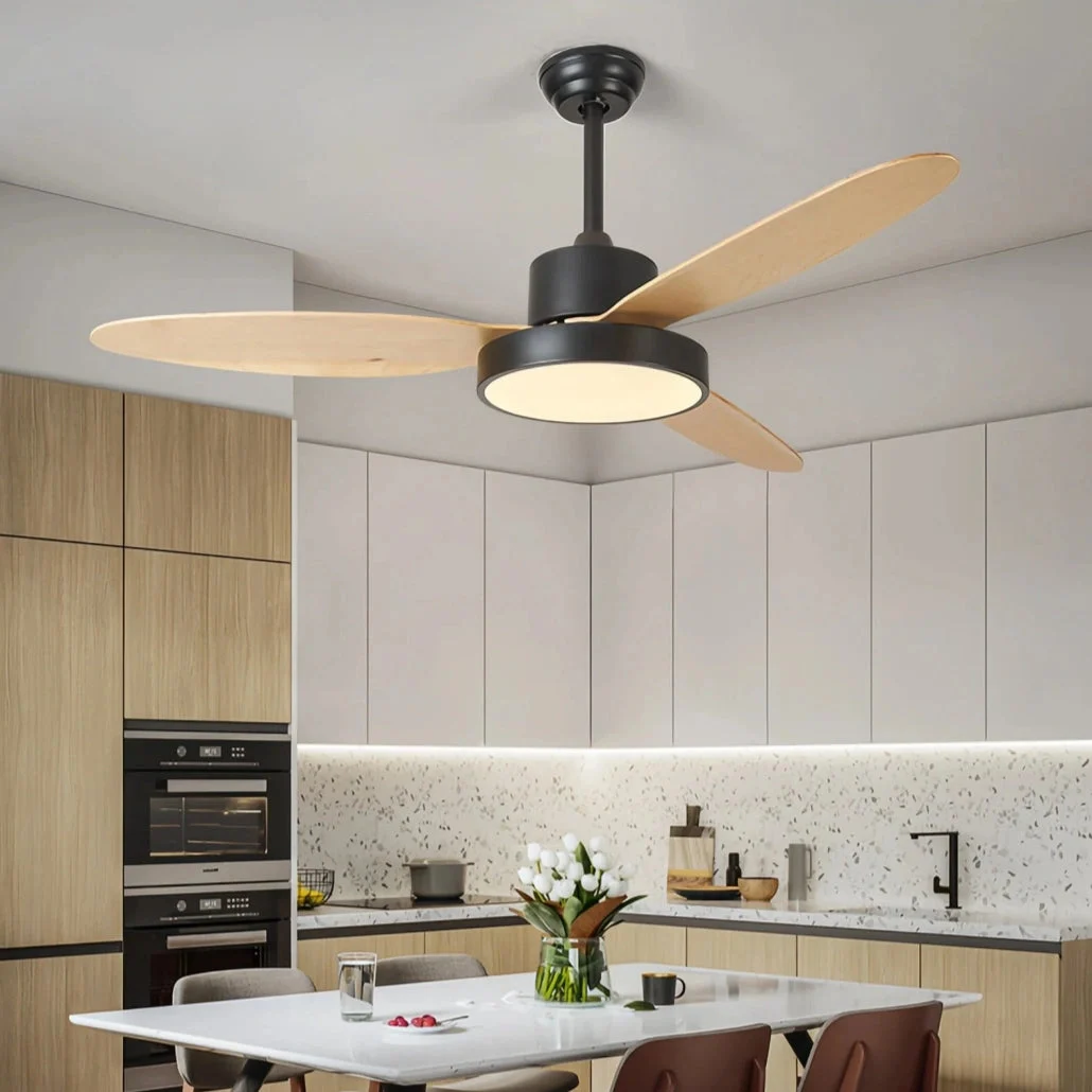 Ventilador de techo de madera con luz LED y motor DC inverter minimalista