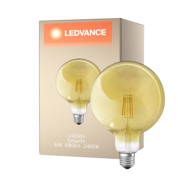 Ledvance Smart+ Wifi E27 Globe Classic con Filamento Oro 6W 680lm - 825 Luz muy Cálida | Regulable - Reemplazo 60W