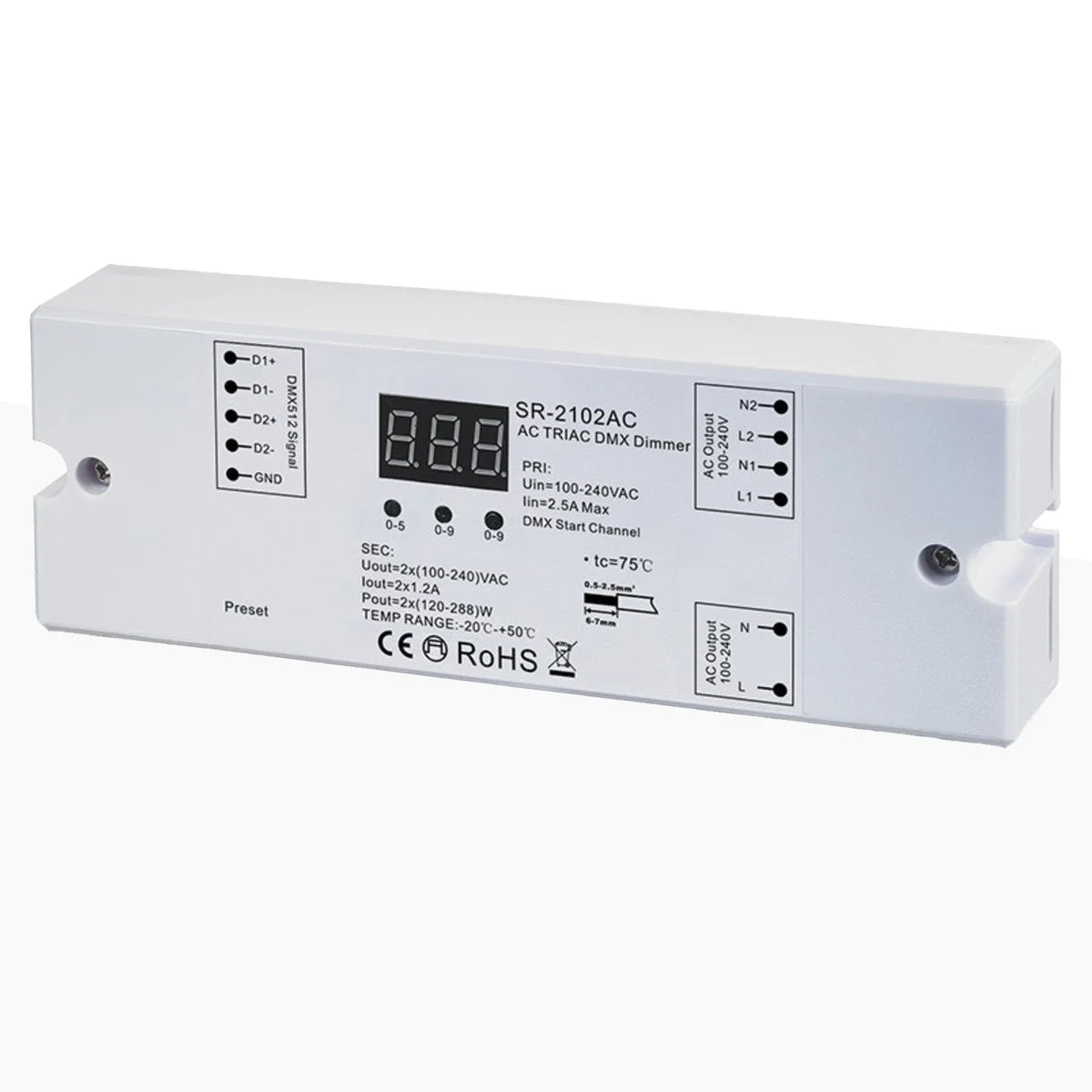 Controlador monocolor AC TRIAC - DMX Dimmer - 2 canales 1,2A/ch - 100-240V - Sunricher