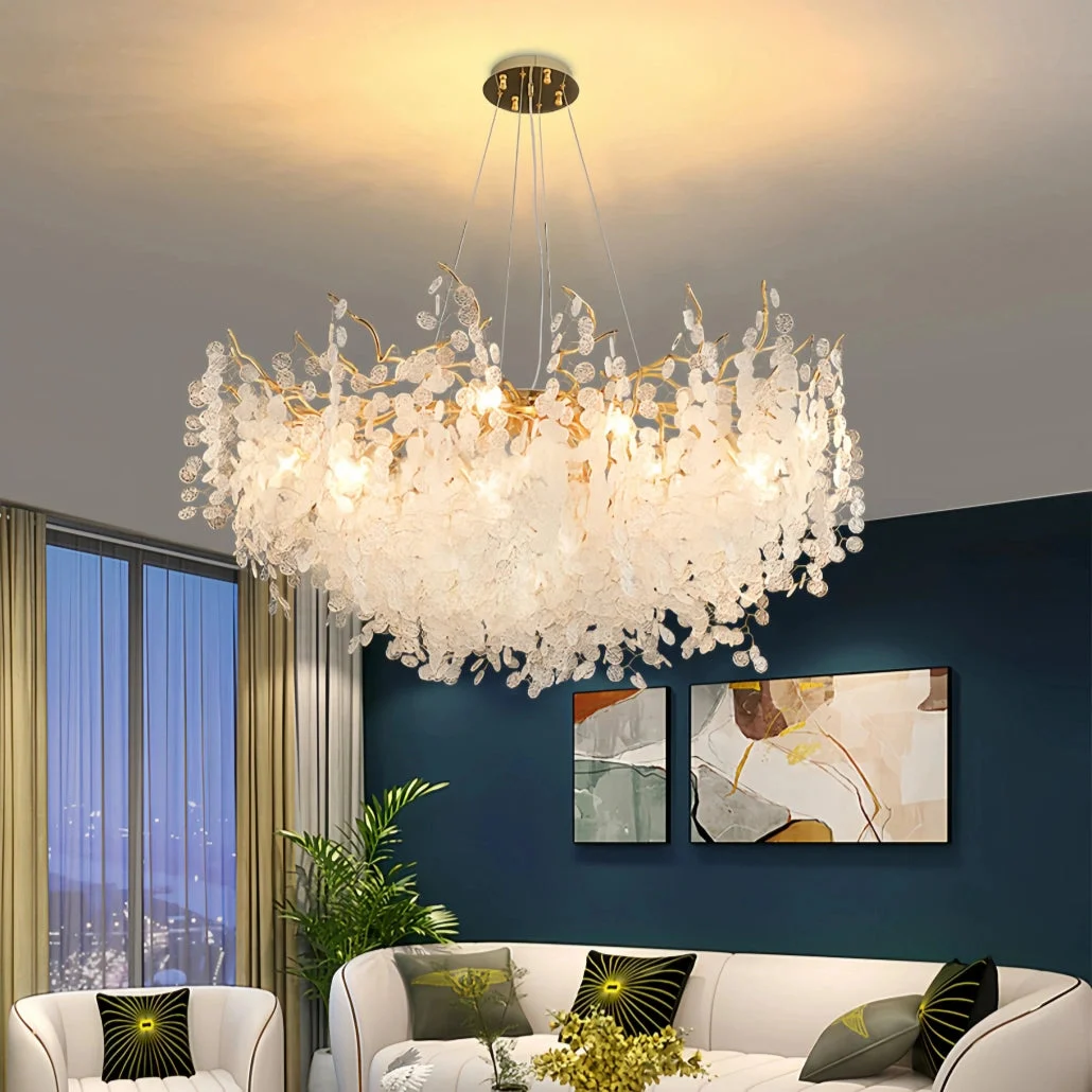 Lámpara de araña de cristal moderna dorada con LED diseño de pétalos para salón