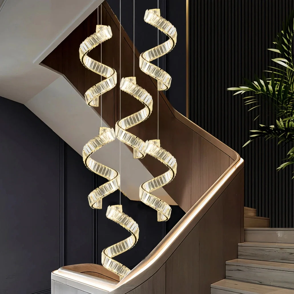 Lámpara de escalera colgante LED regulable de cristal en espiral moderna