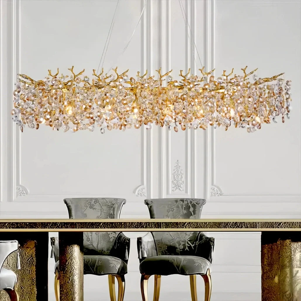 Lámpara colgante de cristal dorada LED tipo rama de lujo para comedor