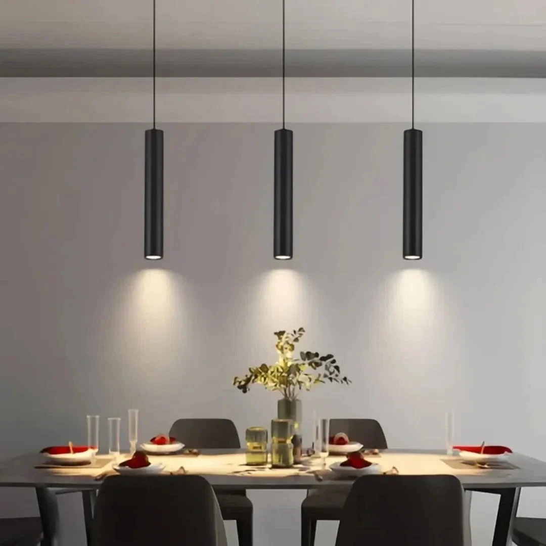Lámpara colgante negra cilíndrica minimalista regulable en altura para comedor