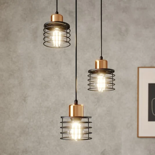 Lámpara colgante Edison en negro/cobre, 3 luces, redonda
