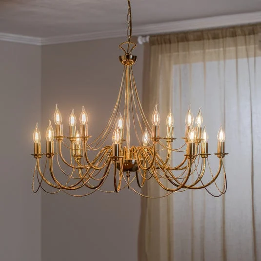 Lámpara de araña retro, 16 luces, dorada