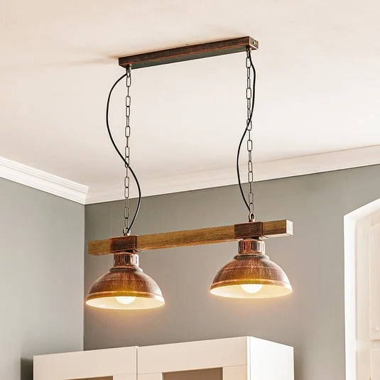 Lámpara colgante Hakon de 2 luces marrón óxido/madera natural
