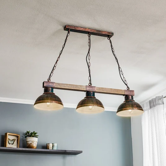 Lámpara colgante Hakon 3 luces marrón óxido/madera natural