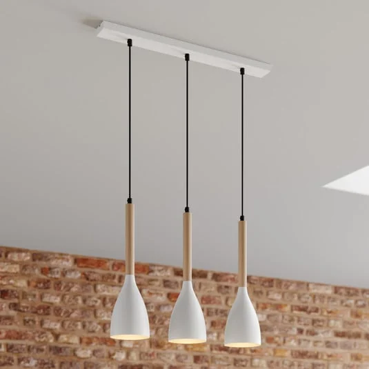 Lámpara colgante Muza, 3 luces, blanco/madera clara