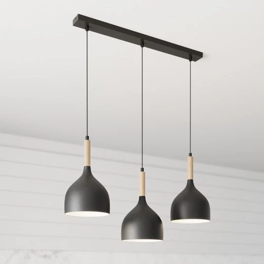Lámpara colgante Noak de 3 luces, larga, negra/madera natural