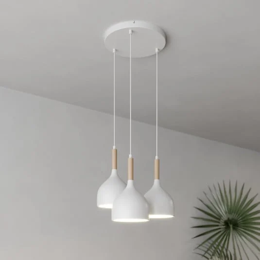 Lámpara colgante Noak 3 luces redonda blanco/madera natural