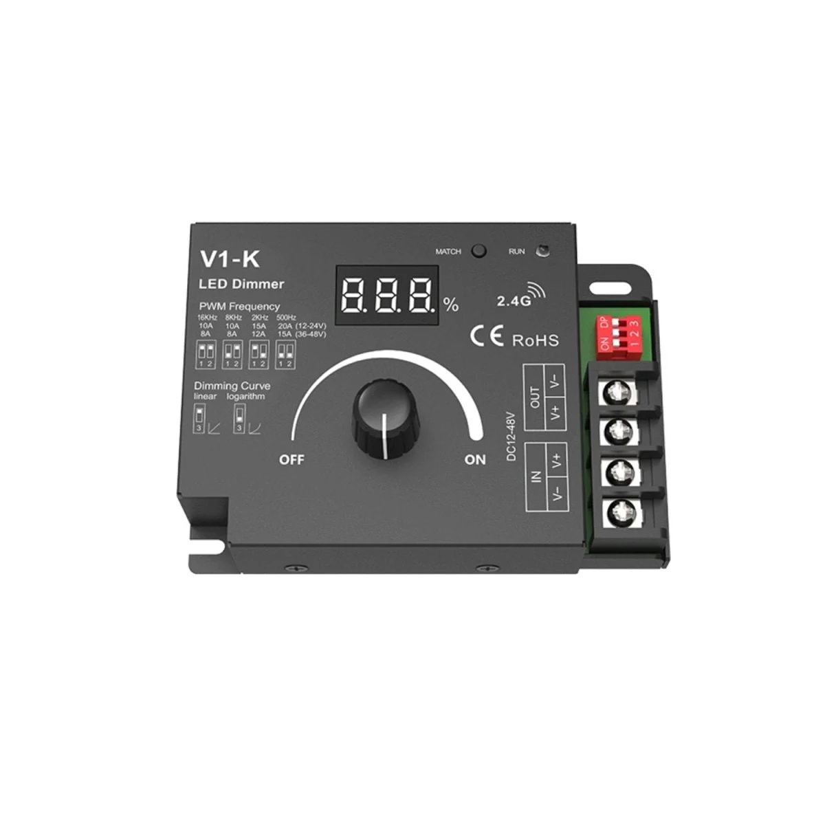 Dimmer manual PMW 12-48V DC - 20A - RF 2.4GHz - Frecuencia y curva de regulación ajustables - Skydance