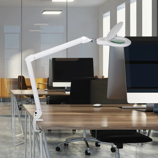 Lámpara con lupa LED MAULsource, blanca, 51 cm, atenuable