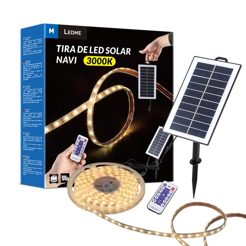 Kit Tira LED Solar 20W 3.7V 300LED SMD2835 IP68 Luz Cálida con Mando PIR (5 metros)