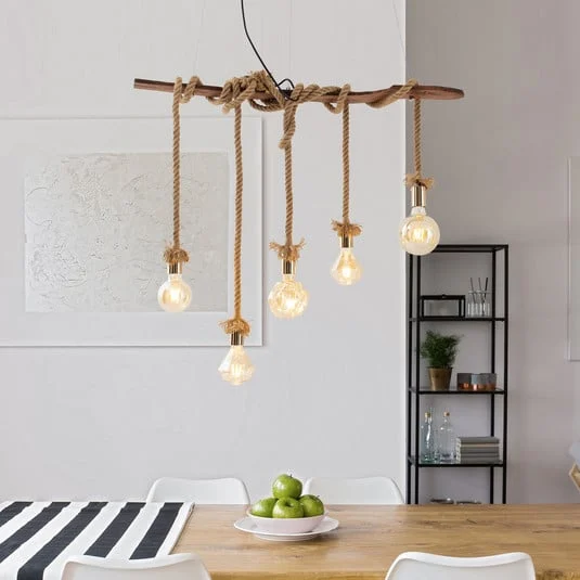 Lámpara colgante Rope, 5 luces, de madera y yute