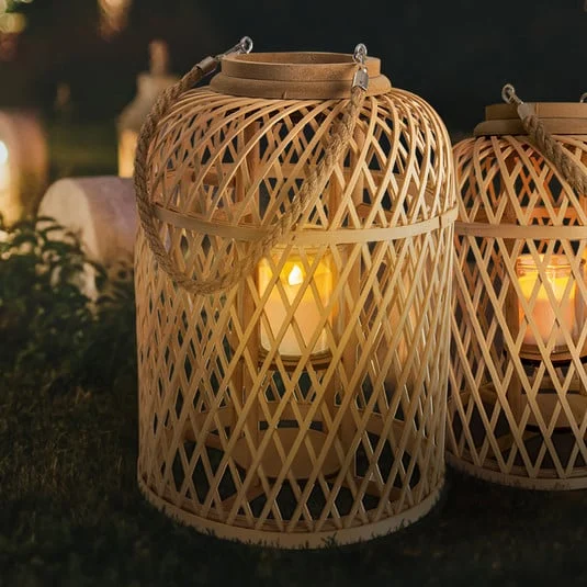 Cesta linterna solar LED, bambú, altura 38 cm, natural