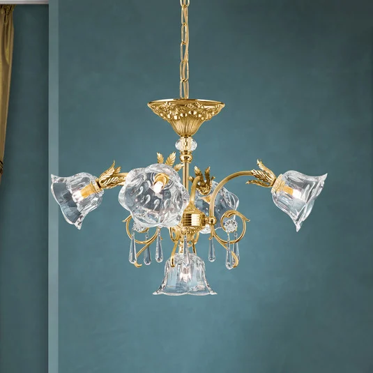 Lámpara colgante La Boheme, dorada, 5 luces, cristal