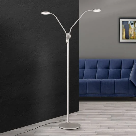 Lámpara de pie LED Cobra, 2 luces, níquel-mate
