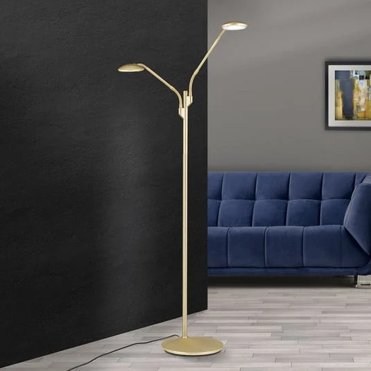 Lámpara de pie LED Cobra, 2 luces, latón-mate