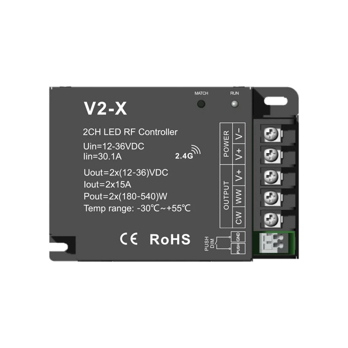 Controlador CCT 12-36V DC - 2 canales - 15A/canal - RF 2.4GHz - PUSH dimmer - Skydance