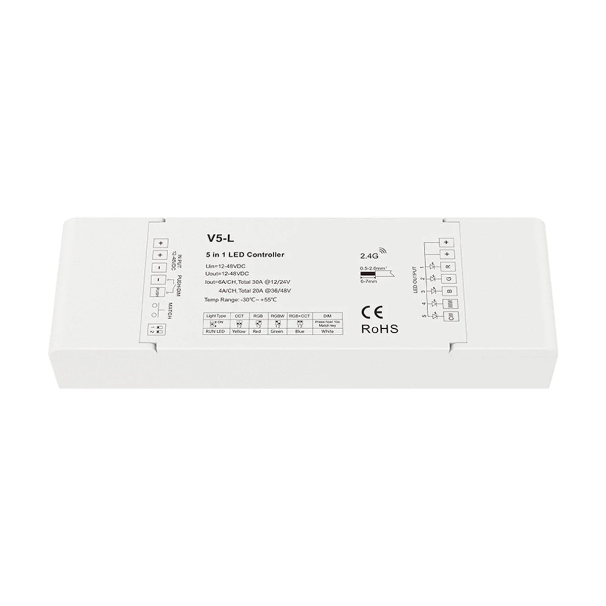 Controlador Monocolor / CCT / RGB / RGBW / RGB + CCT 12-48V DC - 5 en 1 - RF 2.4GHz - PUSH dimmer - Skydance