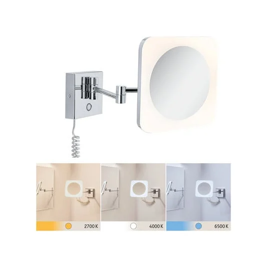 Espejo cosmético LED Paulmann Jora, IP44 con interruptor, plateado