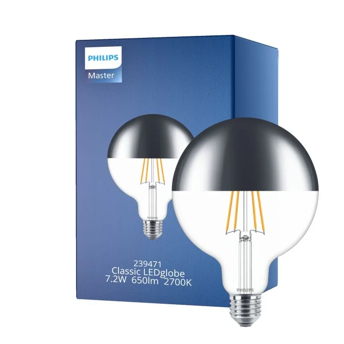 Philips Classic LED Globe E27 con Filamento Mirror Clara 120mm 7.2W 650lm - 827 Luz muy Cálida | Regulable - Reemplazo 60W