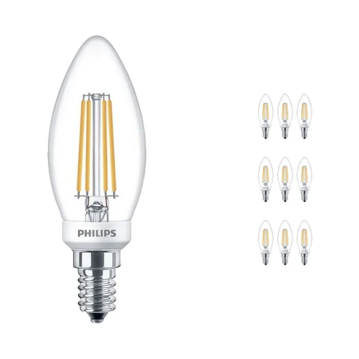 Multipack 10x Philips Classic LED Vela E14 con Filamento Clara 5W 470lm - 827 Luz muy Cálida | Regulable - Reemplazo 40W