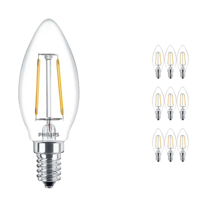 Multipack 10x Philips Classic LED Vela E14 con Filamento Clara 2.5W 250lm - 827 Luz muy Cálida | Reemplazo 25W