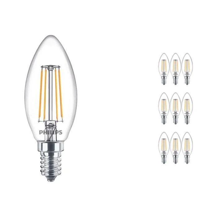 Multipack 10x Philips Classic LED Vela E14 con Filamento Clara 4.3W 470lm - 827 Luz muy Cálida | Reemplazo 40W
