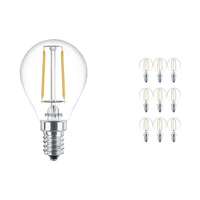 Multipack 10x Philips Classic LED Lustre E14 Esférica con Filamento Clara 2W 250lm - 827 Luz muy Cálida | Reemplazo 25W