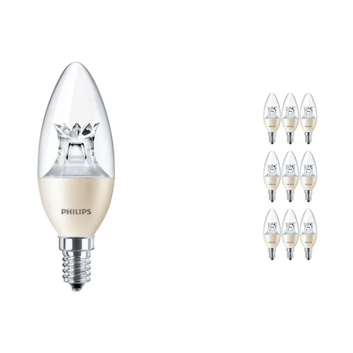 Multipack 10x Philips MASTER LED Vela E14 Corona Clara 8W 806lm - 822-827 Dim To Warm | Regulable - Reemplazo 60W