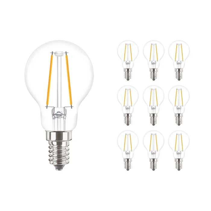 Multipack 10x Philips Corepro LED Lustre E14 Esférica con Filamento Clara 2W 250lm - 827 Luz muy Cálida | Reemplazo 25W