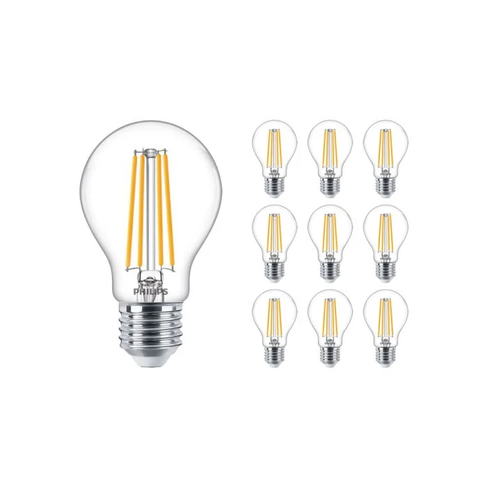 Multipack 10x Philips Classic LED Bulbo E27 Pera con Filamento Clara 7.2W 806lm - 827 Luz muy Cálida | Regulable - Reemplazo 60W