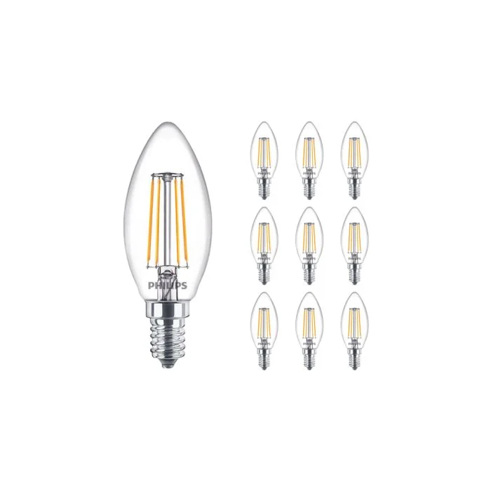 Multipack 10x Philips Classic LED Vela E14 con Filamento Clara 4.5W 470lm - 827 Luz muy Cálida | Regulable - Reemplazo 40W