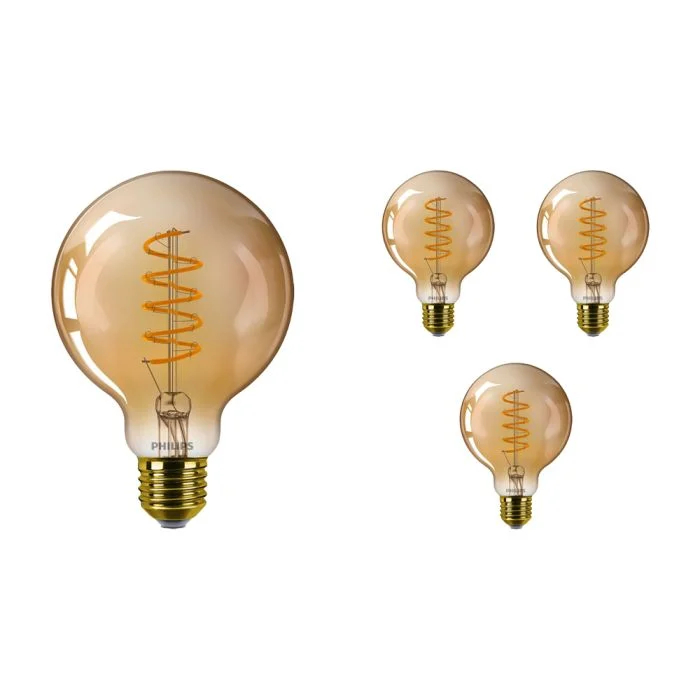 Multipack 4x Philips Classic LED Globe E27 con Filamento Ámbar 95mm 4W 250lm - 818 Luz muy Cálida | Regulable - Reemplazo 25W