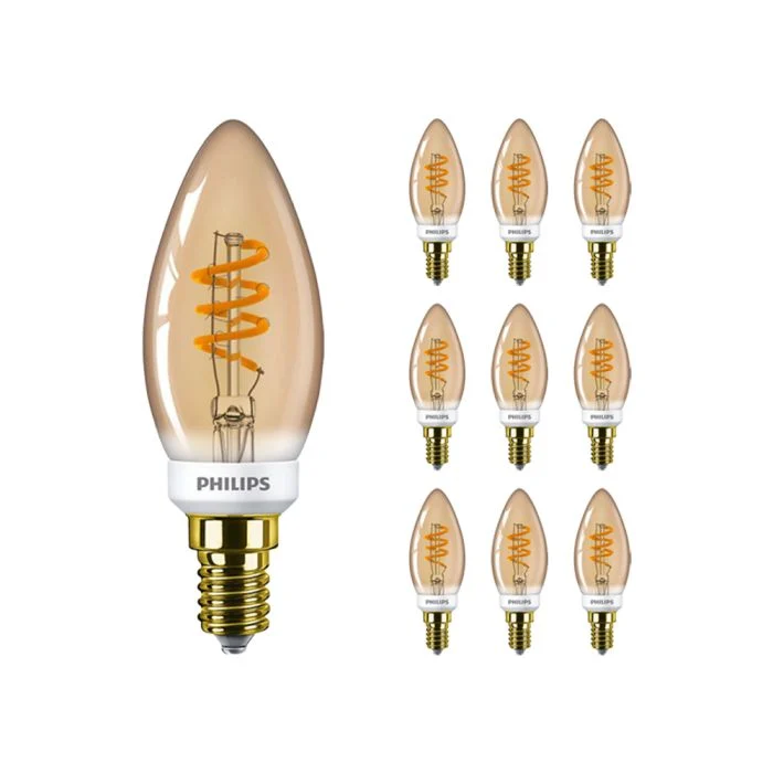 Multipack 10x Philips MASTER Value LED Vela E14 Vintage Con Filamento Oro 2.5W 136lm – 818 Luz Muy Cálida | Regulable - Reemplazo 15W