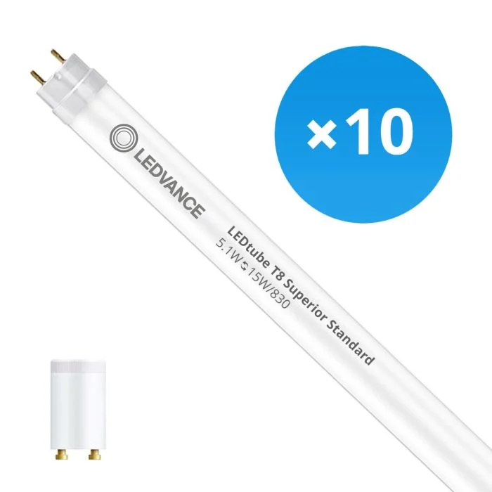 Multipack 10x Ledvance Tubo LED T8 Superior (EM/Mains) Standard Output 5.1W 810lm - 830 Luz Cálida | 44cm - Reemplazo 15W