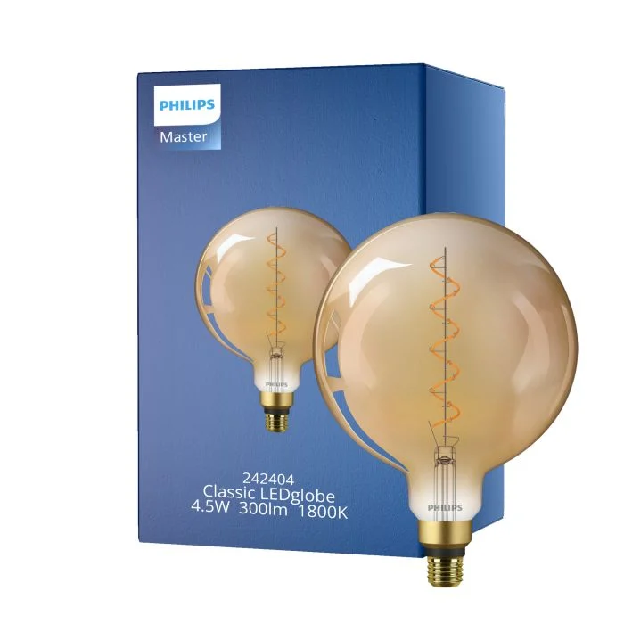 Philips Classic LED Globe E27 200mm con Filamento Oro 4.5W 300lm - 818 Luz muy Cálida | Reemplazo 40W