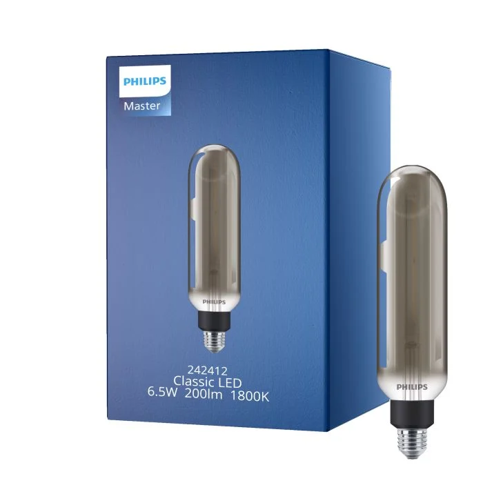 Philips Classic LED E27 Tubular con Filamento Smoke 6.5W 200lm - 818 Luz muy Cálida | Regulable - Reemplazo 20W