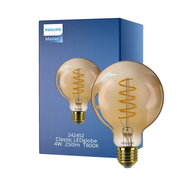 Philips Classic LED Globe E27 con Filamento Ámbar 95mm 4W 250lm - 818 Luz muy Cálida | Regulable - Reemplazo 25W