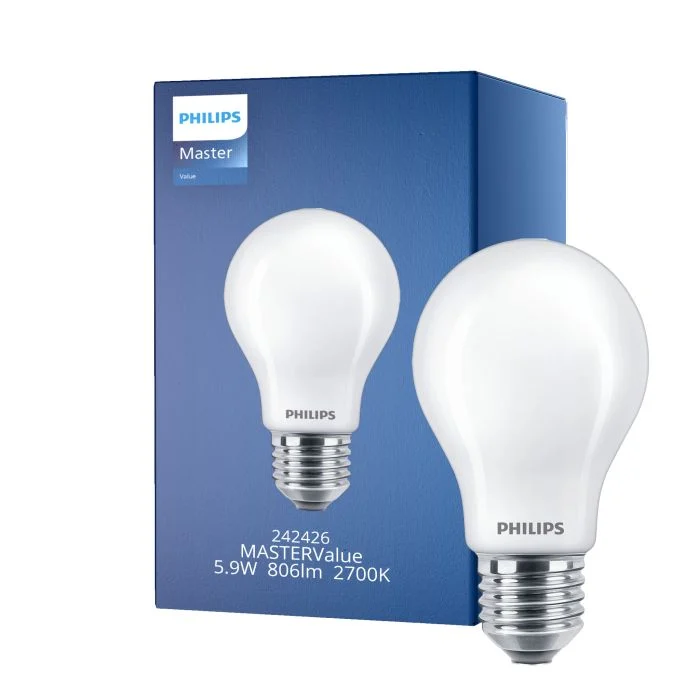 Philips MASTER Value LED Bulbo E27 Pera Mate 5.9W 806lm - 927 Luz muy Cálida | Mejor reproducción de color - Regulable - Reemplazo 60W