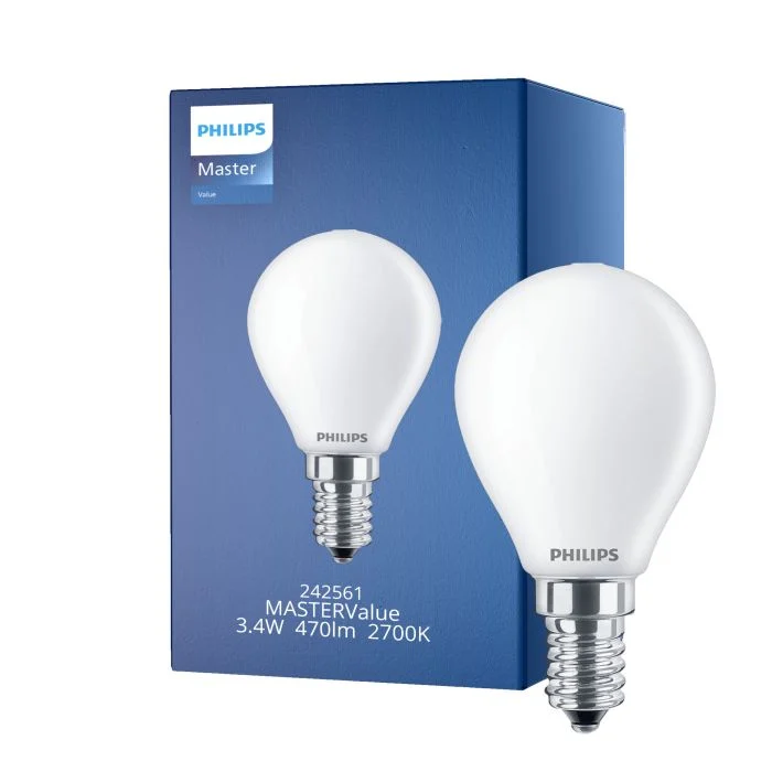 Philips Master Value LED Lustre E14 Esférica Mate 3.4W 470lm - 927 Luz muy Cálida | Mejor reproducción de color - Regulable - Reemplazo 40W