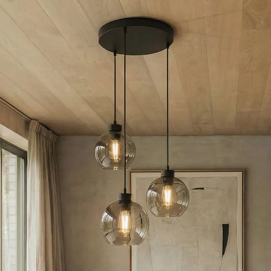 Lámpara colgante Cubus, Ø 50 cm, 3 luces, gris ahumado, cristal