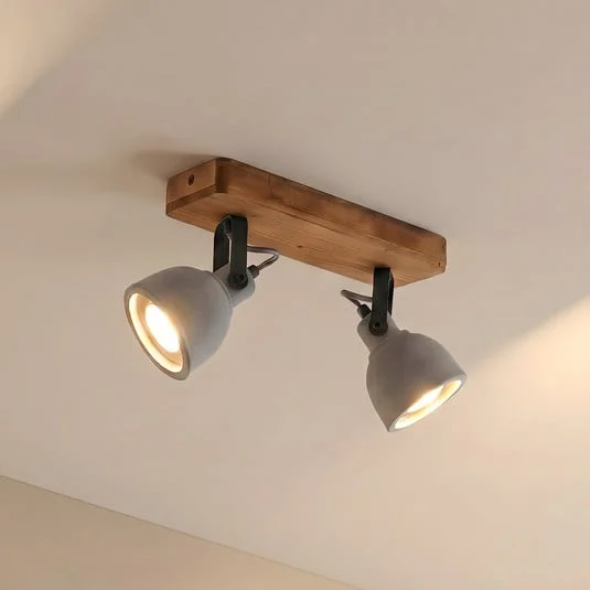 Lindby Spot Mitis, 30 cm, 2 luces, gris, madera, hormigón, GU10