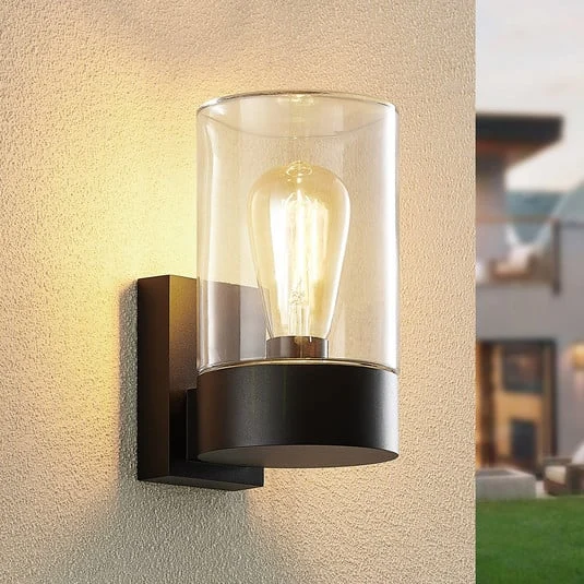 Aplique de exterior Arcchio Liljana, negro, 21 cm, IP65, cristal