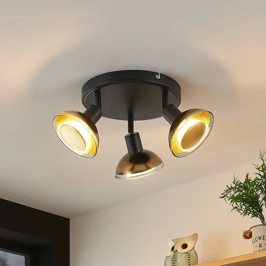 Lindby Erin downlight de techo, negro/oro, Ø 22 cm, cristal